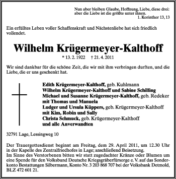 Anzeige  Wilhelm Krügermeyer-Kalthoff  Lippische Landes-Zeitung
