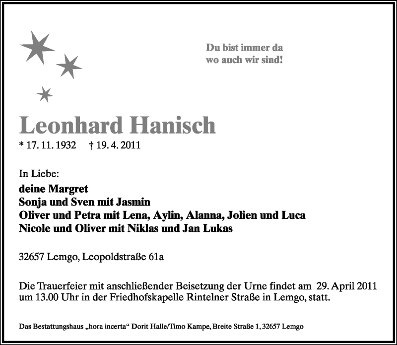  Traueranzeige für Leonhard Hanisch vom 27.04.2011 aus Lippische Landes-Zeitung