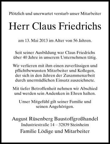Anzeige  Claus Friedrichs  Lippische Landes-Zeitung