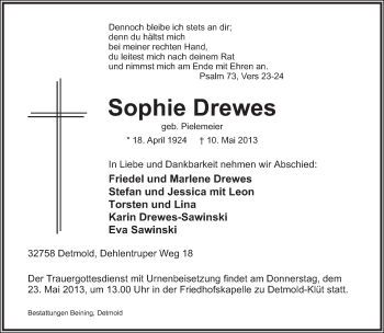Anzeige  Sophie Drewes  Lippische Landes-Zeitung