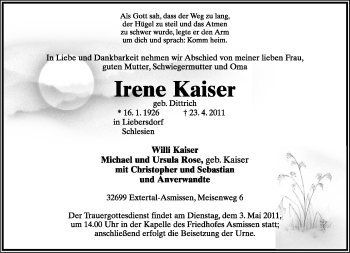 Anzeige  Irene Kaiser  Lippische Landes-Zeitung