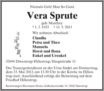 Anzeige  Vera Sprute  Lippische Landes-Zeitung