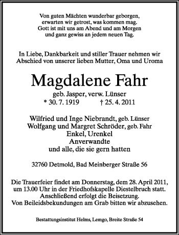 Anzeige  Magdalene Fahr  Lippische Landes-Zeitung