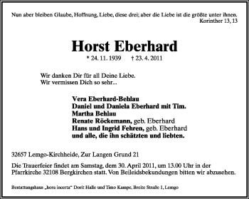 Anzeige  Horst Eberhard  Lippische Landes-Zeitung
