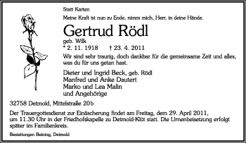 Anzeige  Gertrud Rödl  Lippische Landes-Zeitung