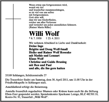 Anzeige  Willi Wolf  Lippische Landes-Zeitung