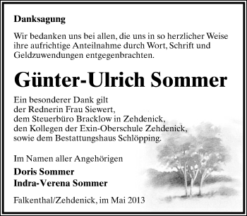 Anzeige  Günter-Ulrich Sommer  Lippische Landes-Zeitung