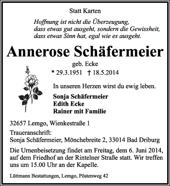 Anzeige  Annerose Schäfermeier  Lippische Landes-Zeitung