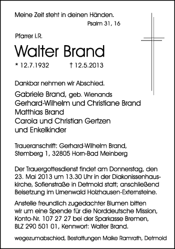 Anzeige  Walter Brand  Lippische Landes-Zeitung
