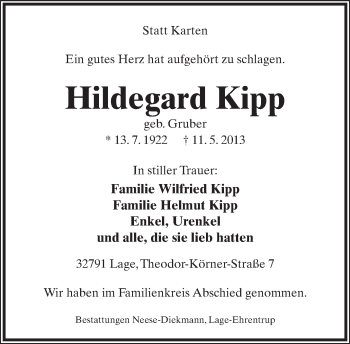 Anzeige  Hildegard Kipp  Lippische Landes-Zeitung