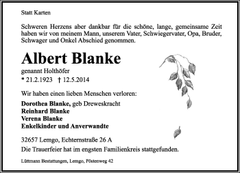 Anzeige  Albert Blanke  Lippische Landes-Zeitung