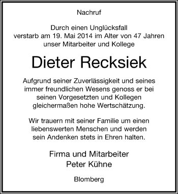 Anzeige  Dieter Recksiek  Lippische Landes-Zeitung