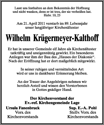 Anzeige  Wilhelm Krügermeyer-Kalthoff  Lippische Landes-Zeitung