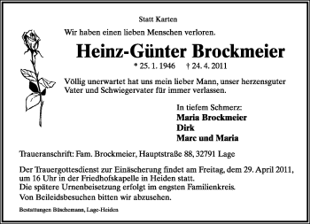 Anzeige  Heinz-Günter Brockmeier  Lippische Landes-Zeitung