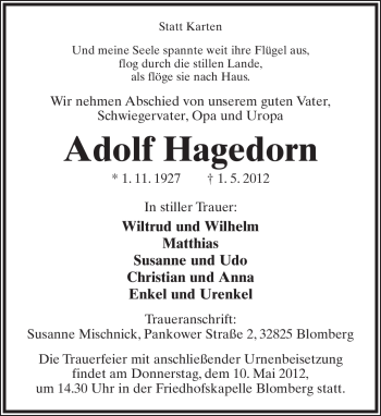 Anzeige  Adolf Hagedorn  Lippische Landes-Zeitung