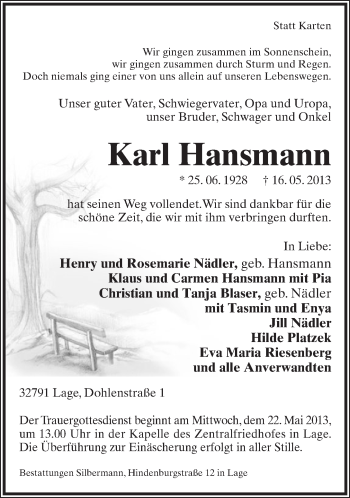 Anzeige  Karl Hansmann  Lippische Landes-Zeitung