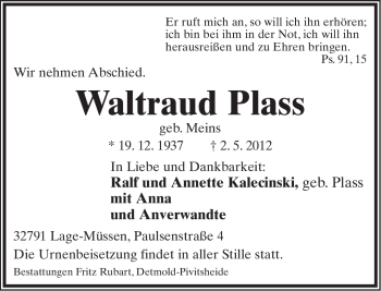 Anzeige  Waltraud Plass  Lippische Landes-Zeitung