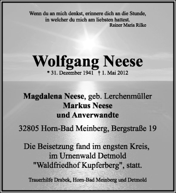Anzeige  Wolfgang Neese  Lippische Landes-Zeitung
