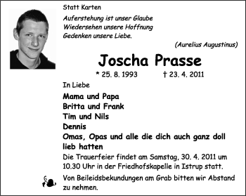 Anzeige  Joscha Prasse  Lippische Landes-Zeitung