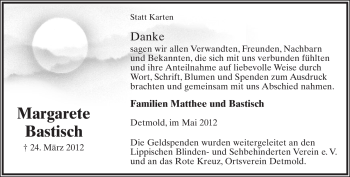 Anzeige  Margarete Bastisch  Lippische Landes-Zeitung