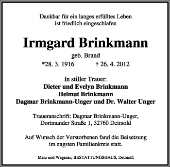 Anzeige  Irmgard Brinkmann  Lippische Landes-Zeitung