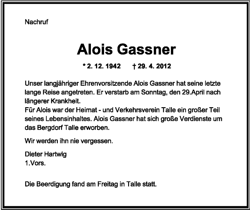  Traueranzeige für Alois Gassner vom 05.05.2012 aus Lippische Landes-Zeitung