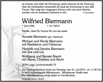 Anzeige  Wilfried Biermann  Lippische Landes-Zeitung