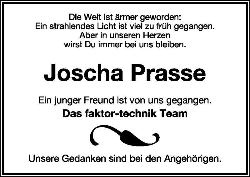  Traueranzeige für Joscha Prasse vom 28.04.2011 aus Lippische Landes-Zeitung