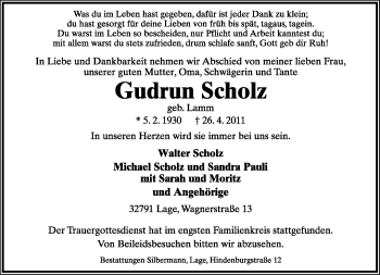 Anzeige  Gudrun Scholz  Lippische Landes-Zeitung