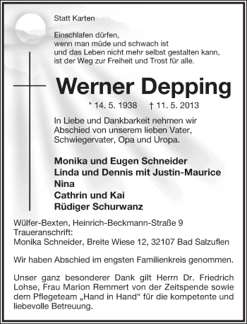 Anzeige  Werner Depping  Lippische Landes-Zeitung