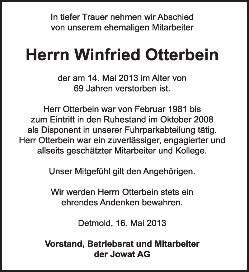  Traueranzeige für Winfried Otterbein vom 18.05.2013 aus Lippische Landes-Zeitung