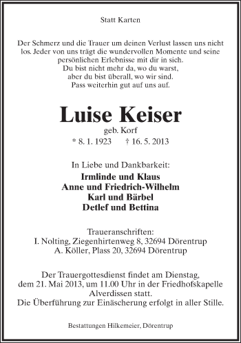 Anzeige  Luise Keiser  Lippische Landes-Zeitung