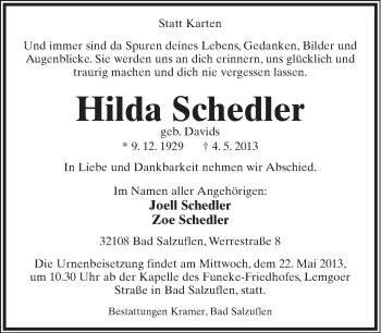 Anzeige  Hilda Schedler  Lippische Landes-Zeitung
