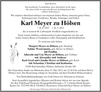 Anzeige  Karl Meyer zu Hölsen  Lippische Landes-Zeitung
