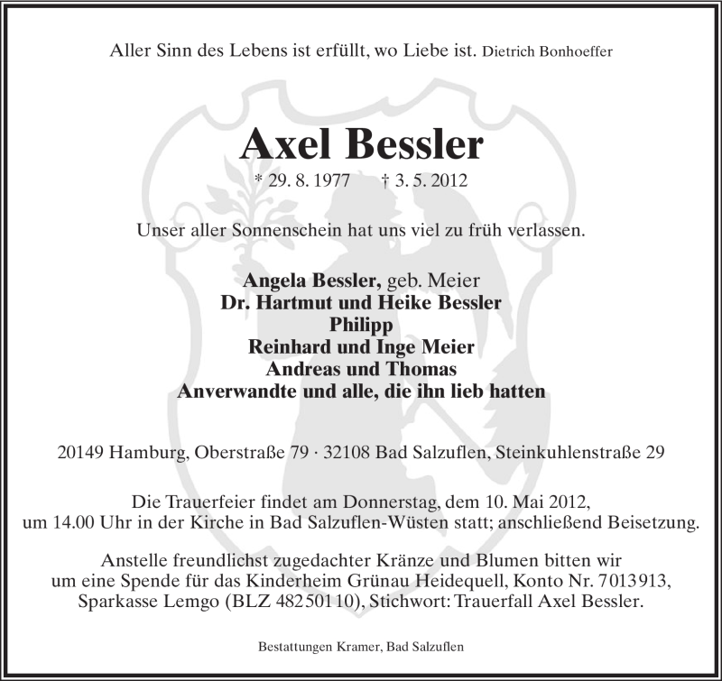  Traueranzeige für Axel Bessler vom 07.05.2012 aus Lippische Landes-Zeitung