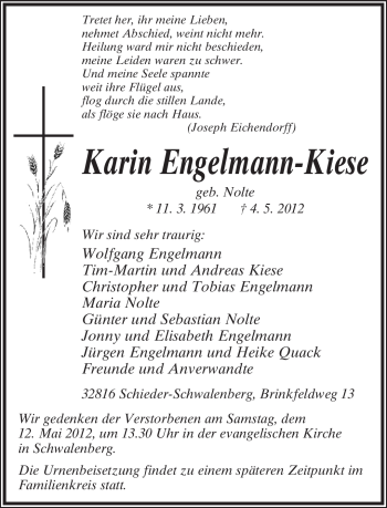 Anzeige  Karin Engelmann-Kiese  Lippische Landes-Zeitung
