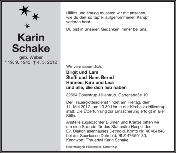 Anzeige  Karin Schake  Lippische Landes-Zeitung