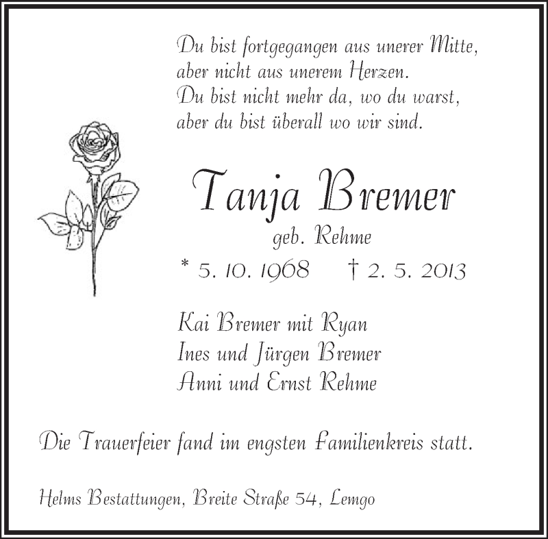  Traueranzeige für Tanja Bremer vom 18.05.2013 aus Lippische Landes-Zeitung