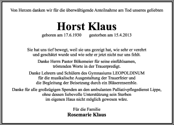 Anzeige  Horst Klaus  Lippische Landes-Zeitung