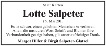 Anzeige  Lotte Salpeter  Lippische Landes-Zeitung