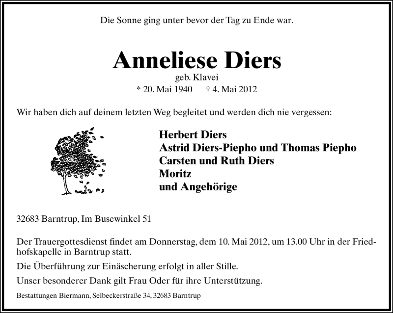  Traueranzeige für Anneliese Diers vom 08.05.2012 aus Lippische Landes-Zeitung