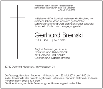 Anzeige  Gerhard Brenski  Lippische Landes-Zeitung