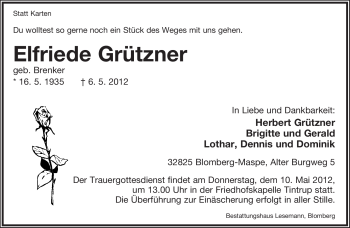 Anzeige  Elfriede Grützner  Lippische Landes-Zeitung