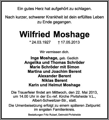 Anzeige  Wilfried Moshage  Lippische Landes-Zeitung