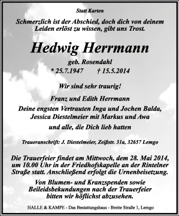 Anzeige  Hedwig Herrmann  Lippische Landes-Zeitung