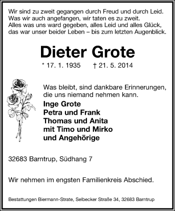 Anzeige  Dieter Grote  Lippische Landes-Zeitung