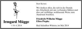 Anzeige  Irmgard Mügge  Lippische Landes-Zeitung