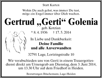 Anzeige  Gertrud Golenia  Lippische Landes-Zeitung