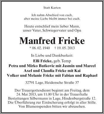 Anzeige  Manfred Fricke  Lippische Landes-Zeitung