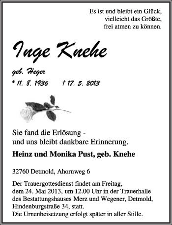 Anzeige  Inge Knehe  Lippische Landes-Zeitung